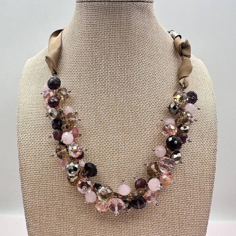 Vintage 90s Ali Khan New York Ribbon Strap Cluster Beaded Necklace Jewelry